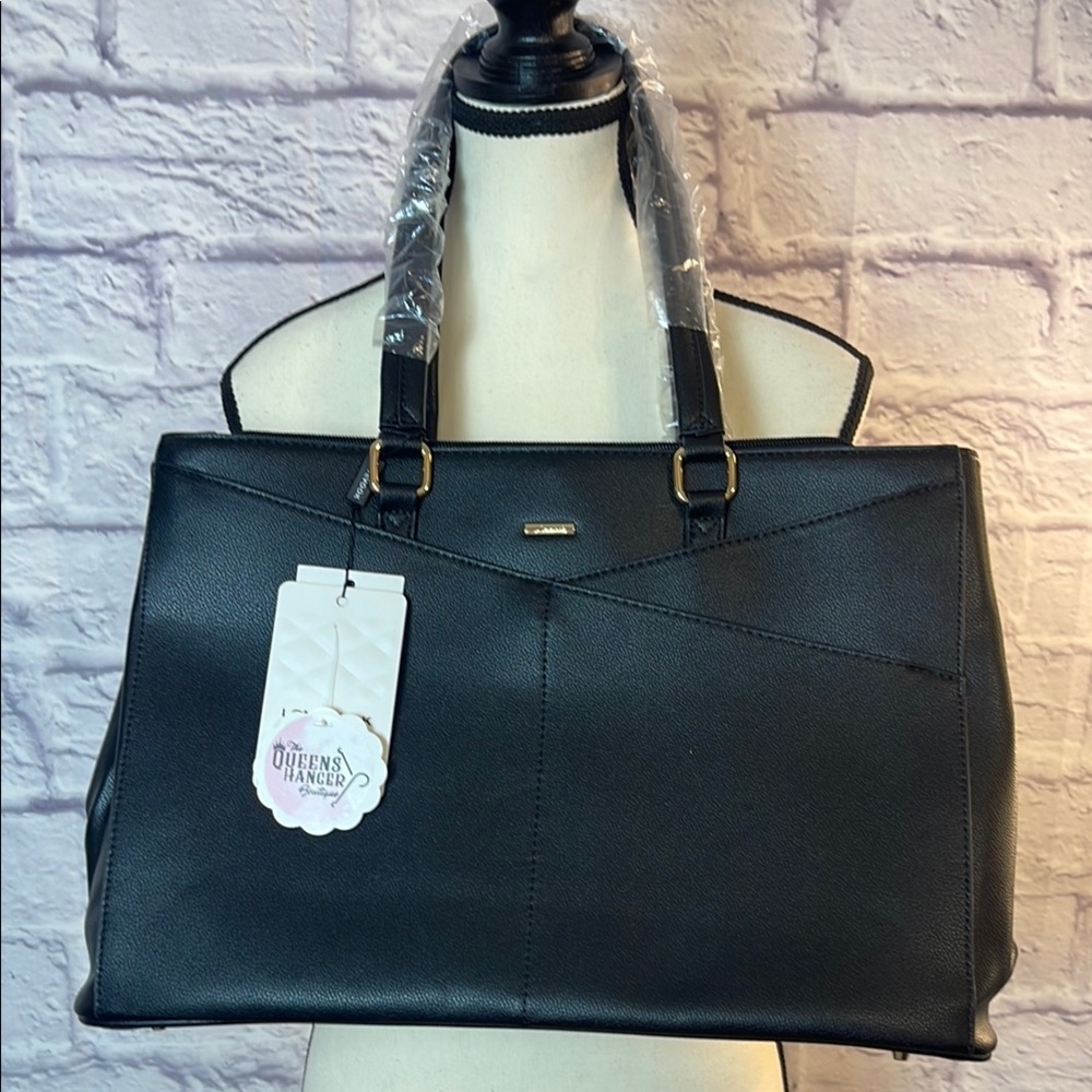 NWT Chic Black Laptop Bag Structured Design Textured Material Brown Interior